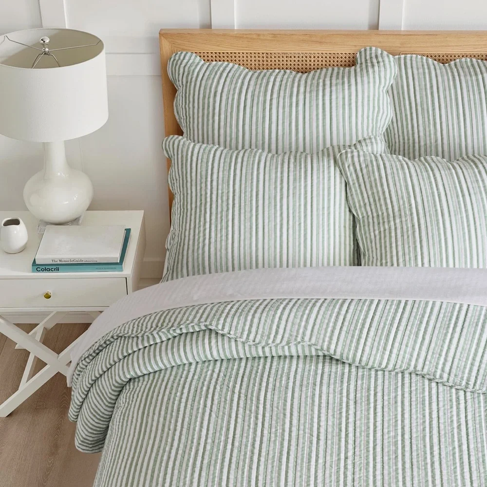 🆕 PB Style Green & White Striped Cotton Quilt Coverlet Scalloped Trim Set NWT